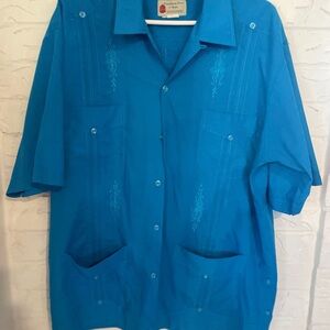 Bright Teal Embroidered Cuban Guayabera Shirt